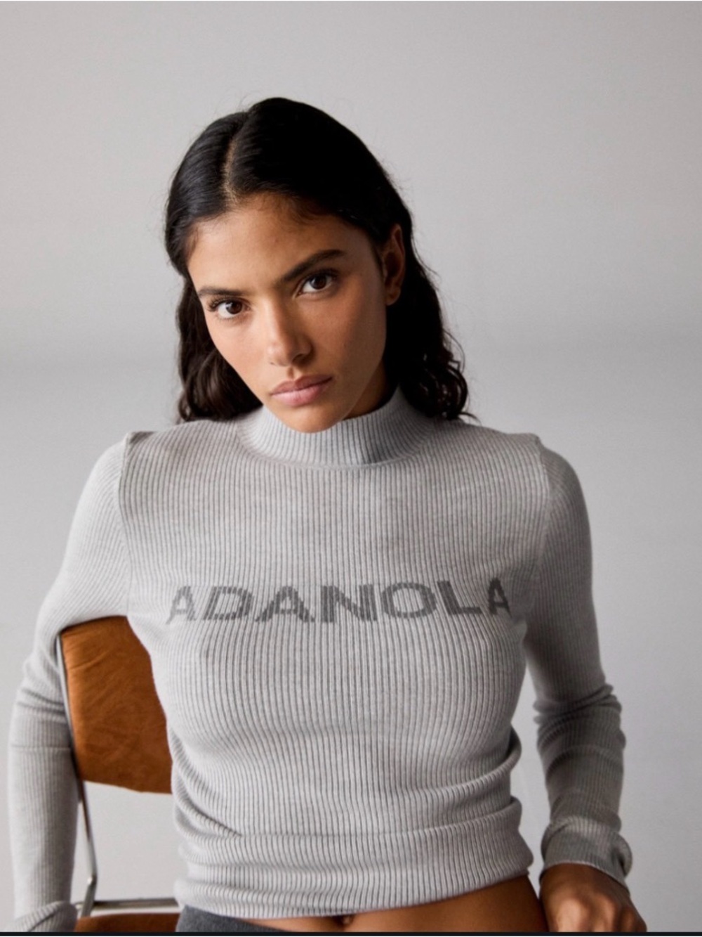 ADANOLA Branded Rib Knit Mock Neck Top - Light Grey Melange